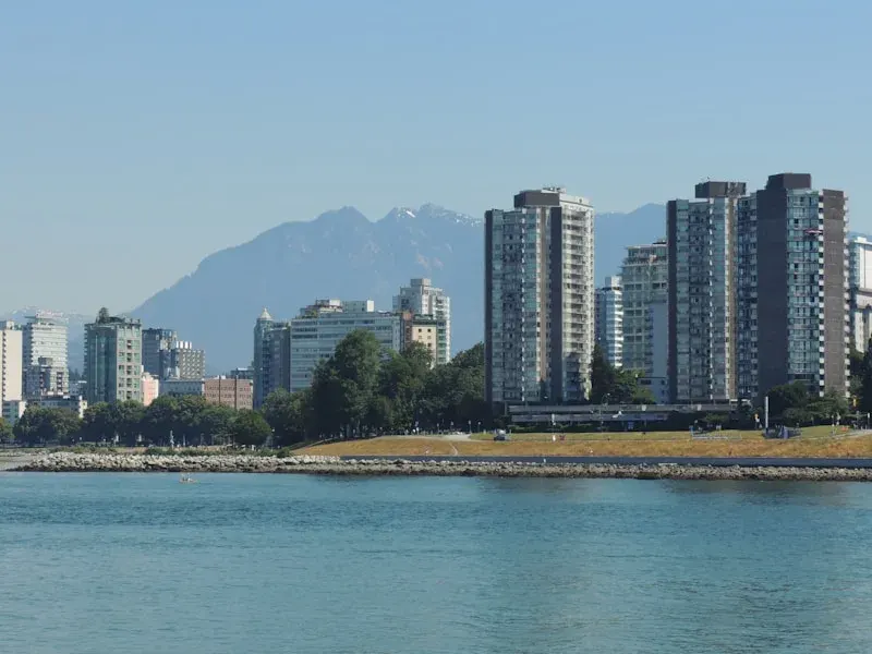 Downtown Vancouver skyline and Coal Harbour waterfront at dusk