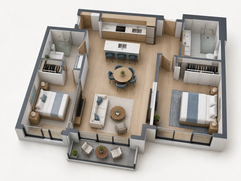 Furnished 3D floor plan rendering of a two-bedroom condo