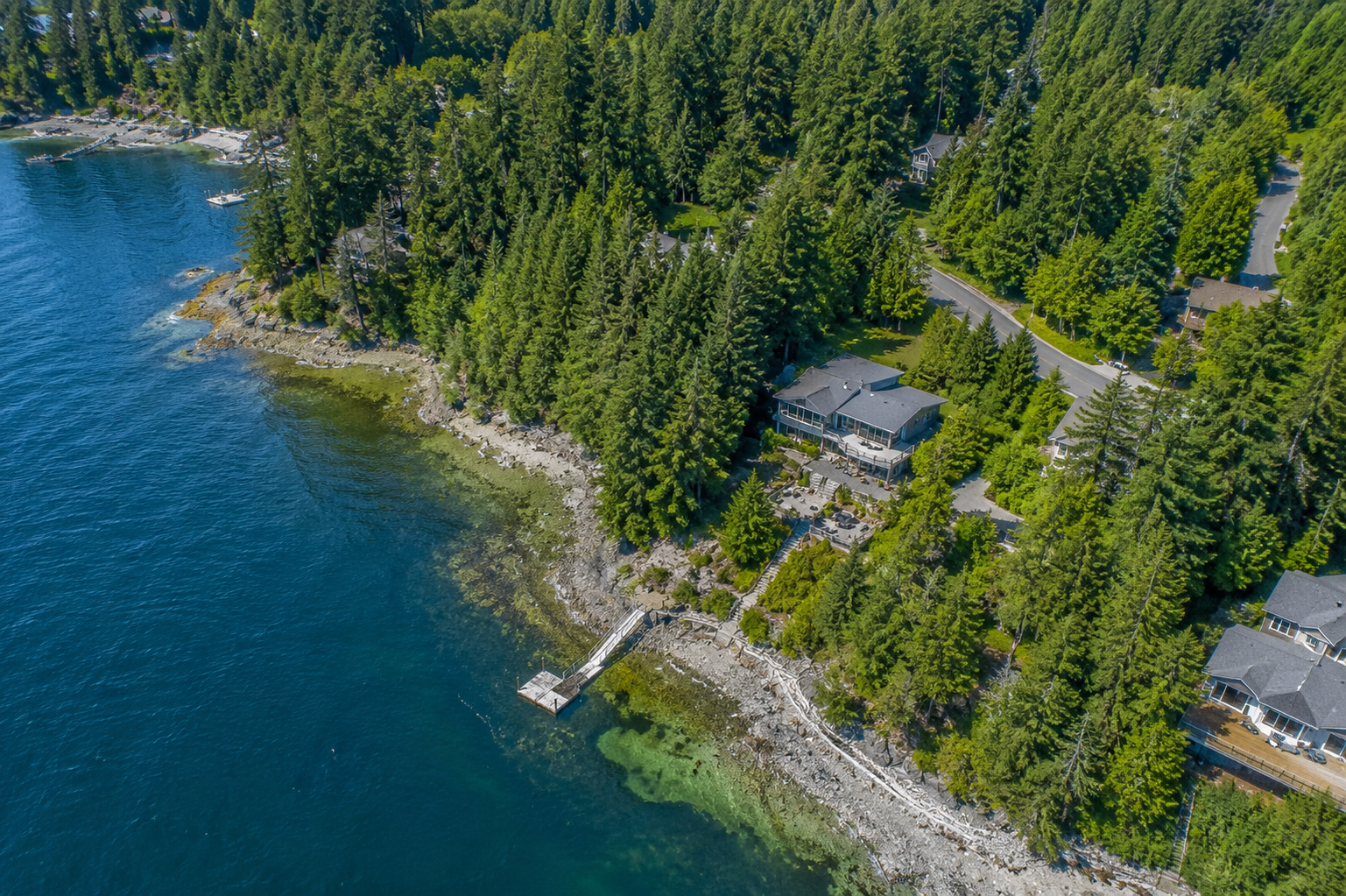 Aerial drone coverage over a Vancouver waterfront property