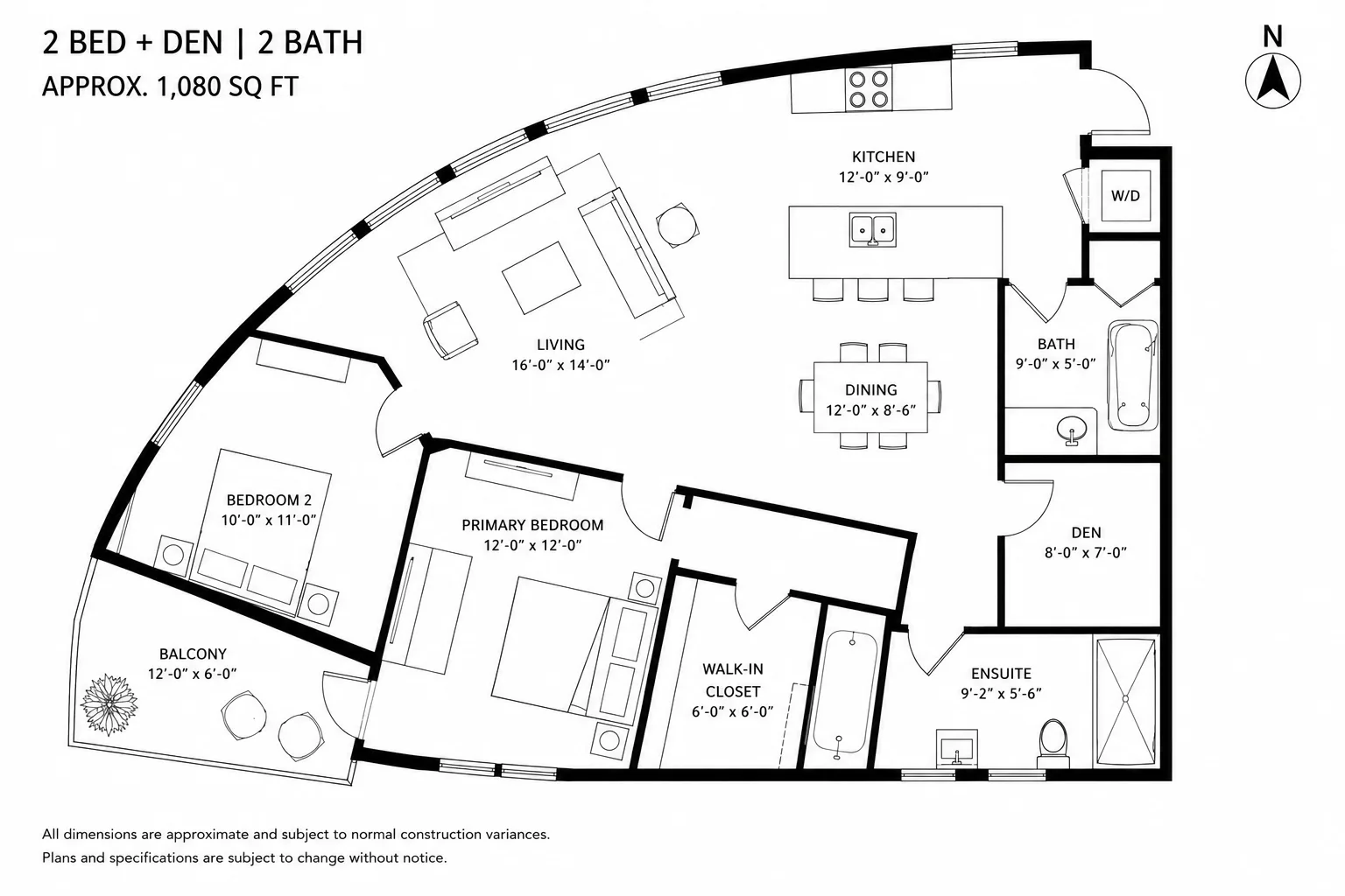 Curved condo 2D floor plan sample with room dimensions