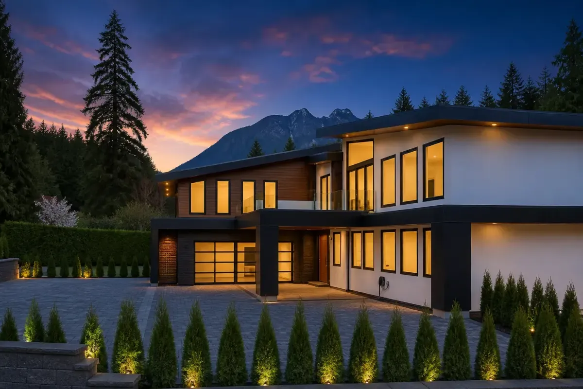 Twilight edit of a home exterior with warm interior lighting